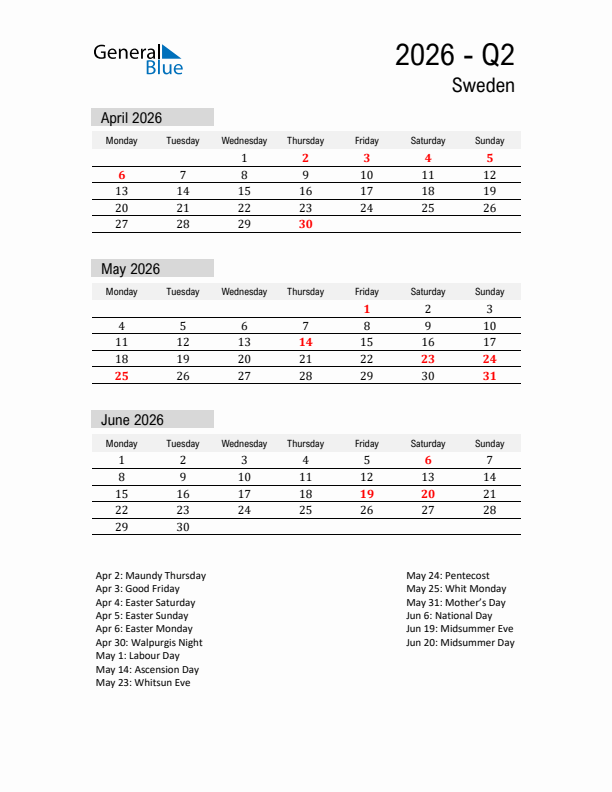 Sweden Quarter 2 2026 Calendar with Holidays