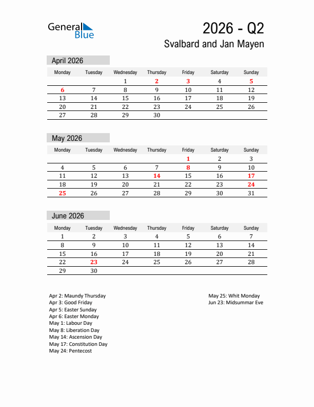 Svalbard and Jan Mayen Quarter 2 2026 Calendar with Holidays