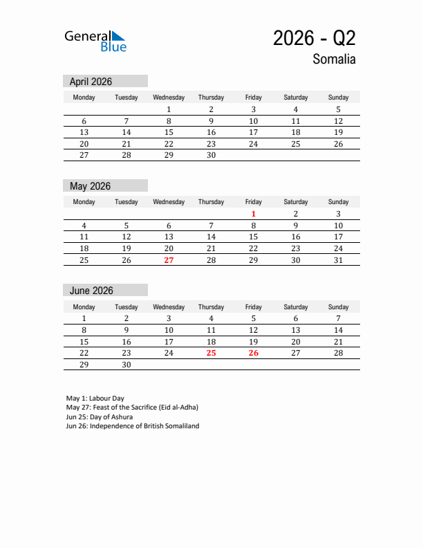 Somalia Quarter 2 2026 Calendar with Holidays