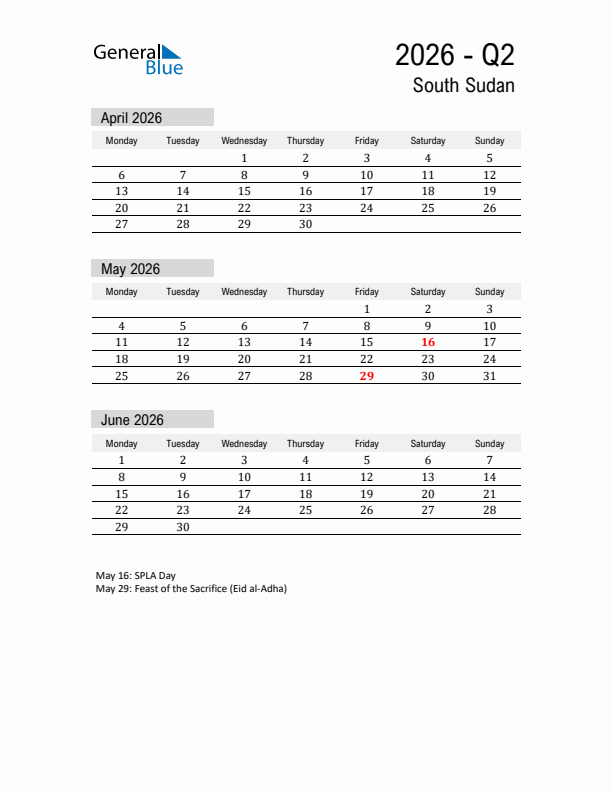 South Sudan Quarter 2 2026 Calendar with Holidays