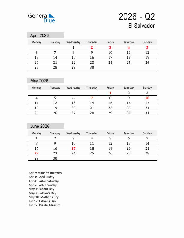 El Salvador Quarter 2 2026 Calendar with Holidays