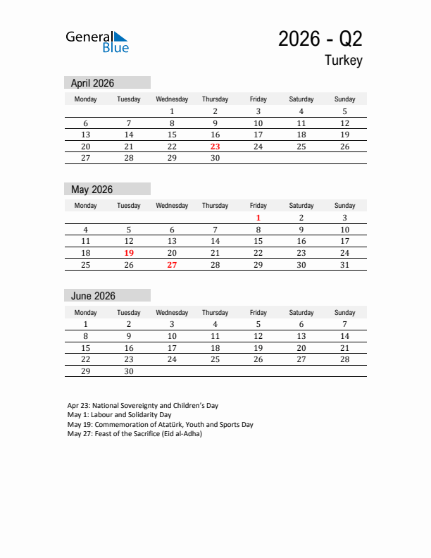 Turkey Quarter 2 2026 Calendar with Holidays