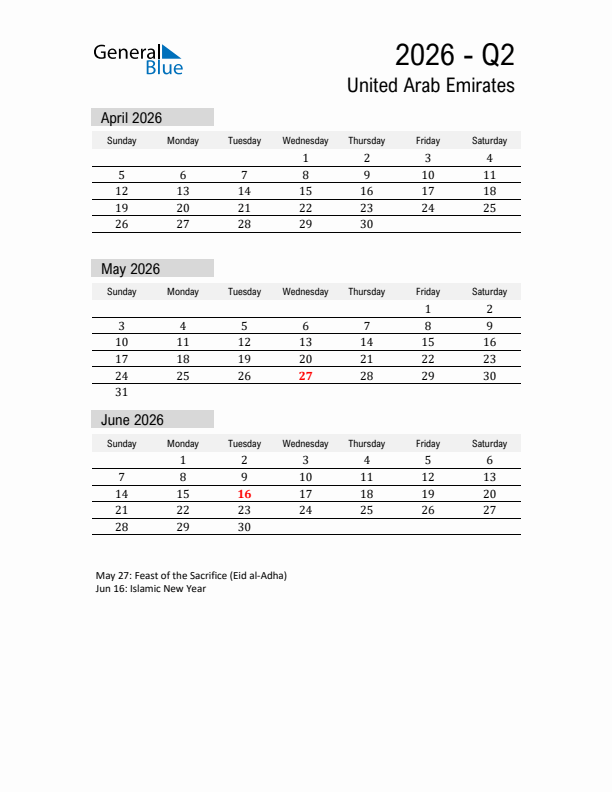 United Arab Emirates Quarter 2 2026 Calendar with Holidays