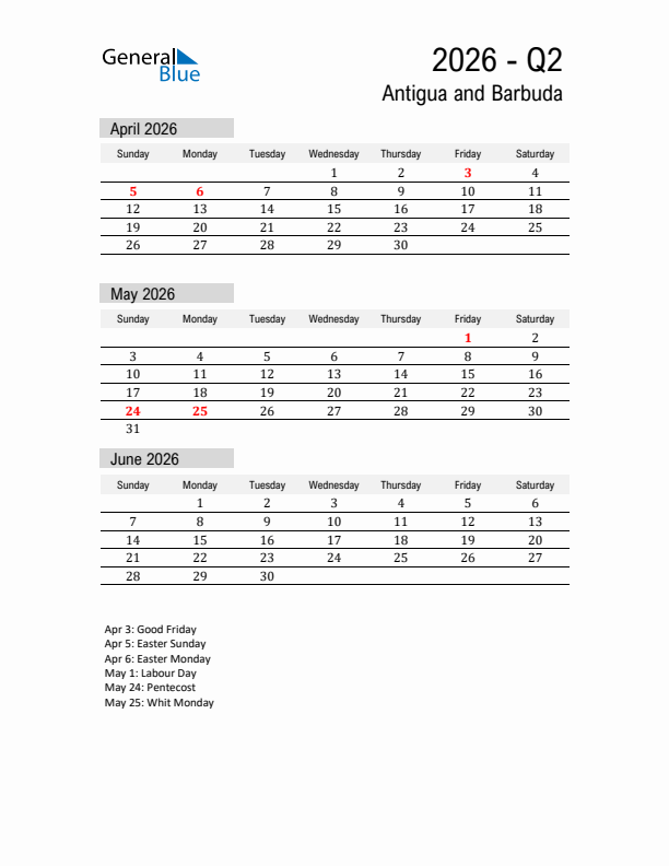 Antigua and Barbuda Quarter 2 2026 Calendar with Holidays