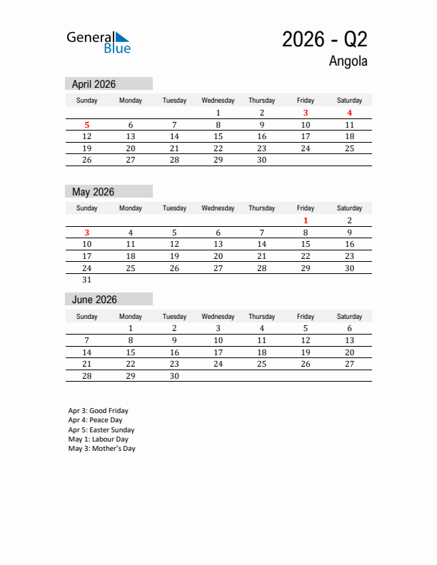 Angola Quarter 2 2026 Calendar with Holidays