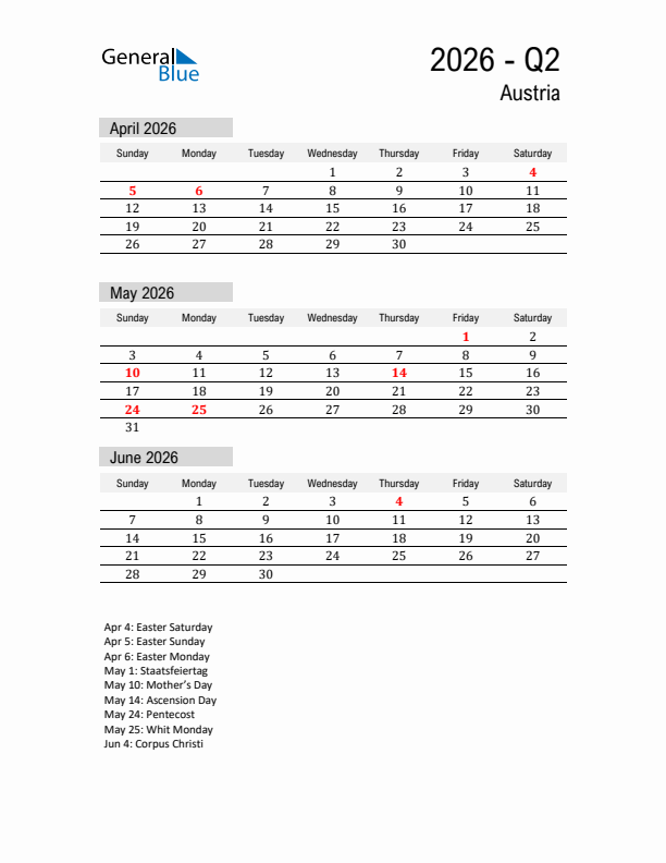 Austria Quarter 2 2026 Calendar with Holidays