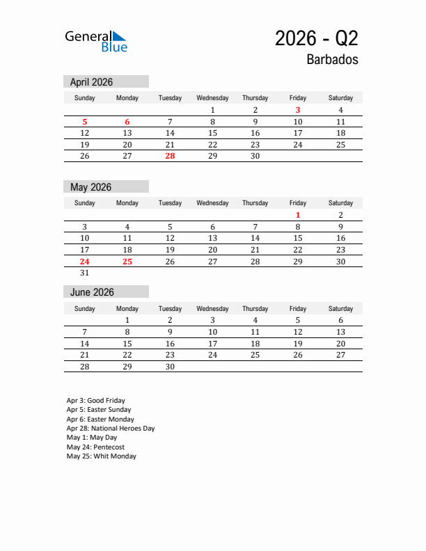 Barbados Quarter 2 2026 Calendar with Holidays