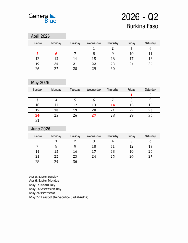 Burkina Faso Quarter 2 2026 Calendar with Holidays