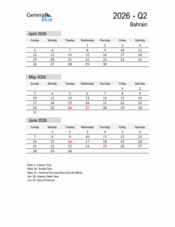 Bahrain Quarter 2 2026 Calendar with Holidays