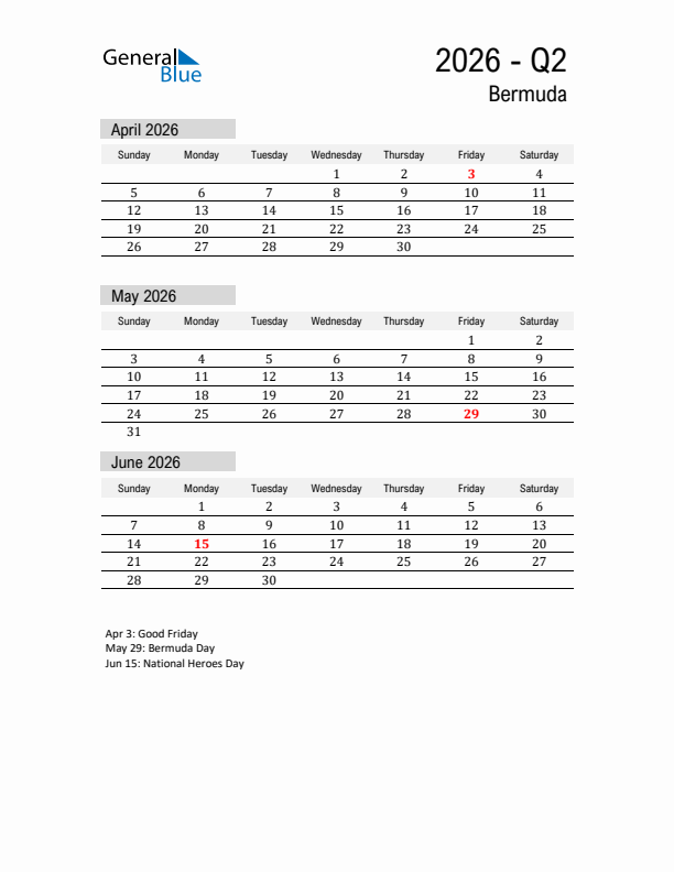 Bermuda Quarter 2 2026 Calendar with Holidays