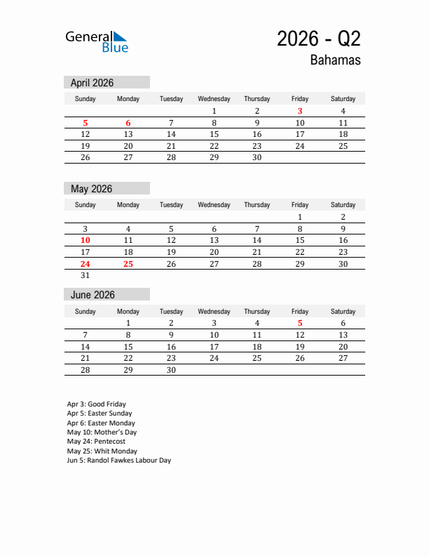 Bahamas Quarter 2 2026 Calendar with Holidays