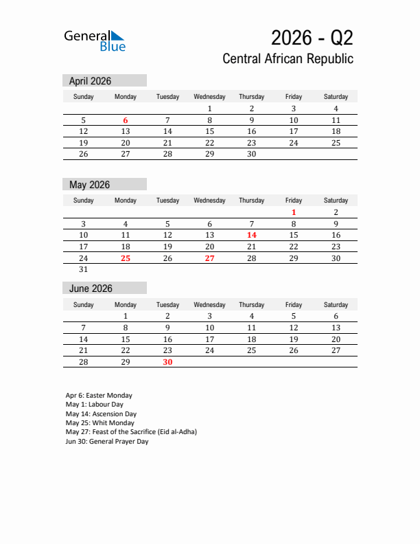 Central African Republic Quarter 2 2026 Calendar with Holidays