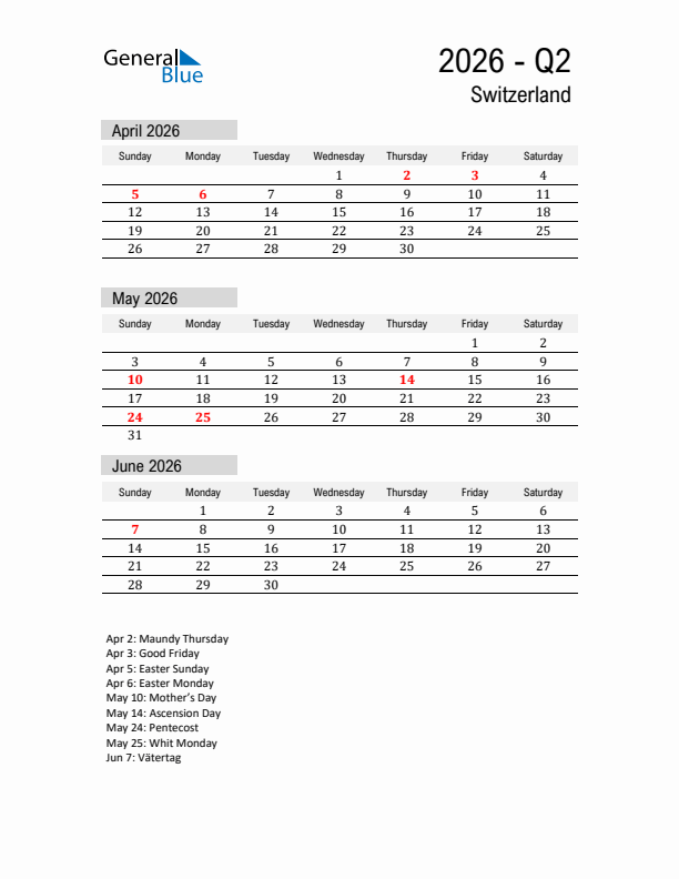 Switzerland Quarter 2 2026 Calendar with Holidays