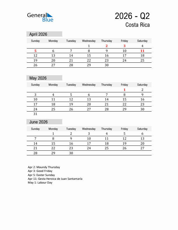 Costa Rica Quarter 2 2026 Calendar with Holidays