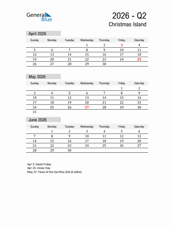 Christmas Island Quarter 2 2026 Calendar with Holidays