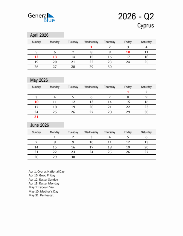 Cyprus Quarter 2 2026 Calendar with Holidays