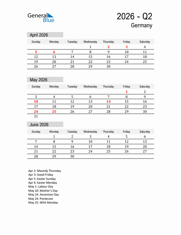 Germany Quarter 2 2026 Calendar with Holidays