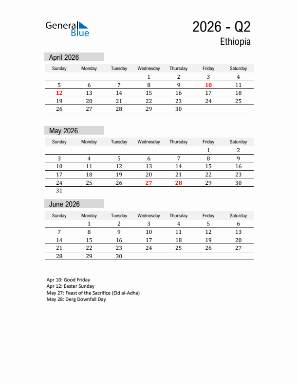 Ethiopia Quarter 2 2026 Calendar with Holidays