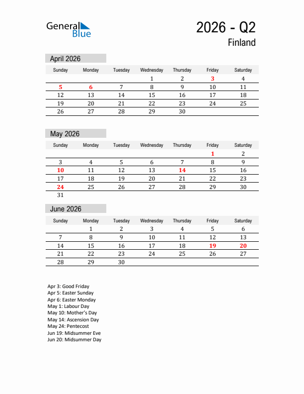 Finland Quarter 2 2026 Calendar with Holidays