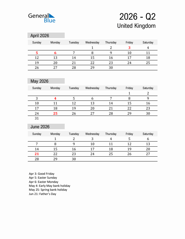 United Kingdom Quarter 2 2026 Calendar with Holidays