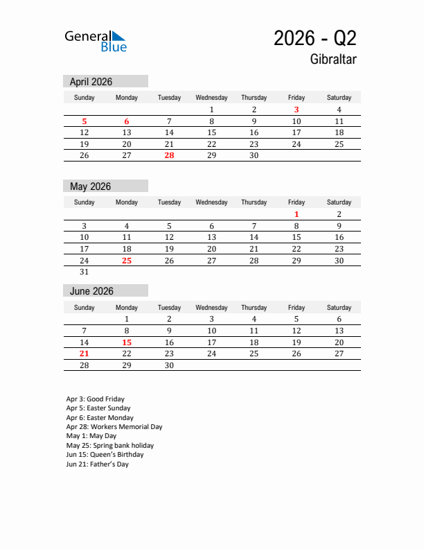 Gibraltar Quarter 2 2026 Calendar with Holidays