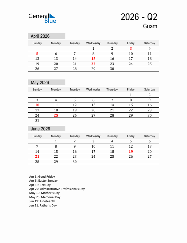 Guam Quarter 2 2026 Calendar with Holidays