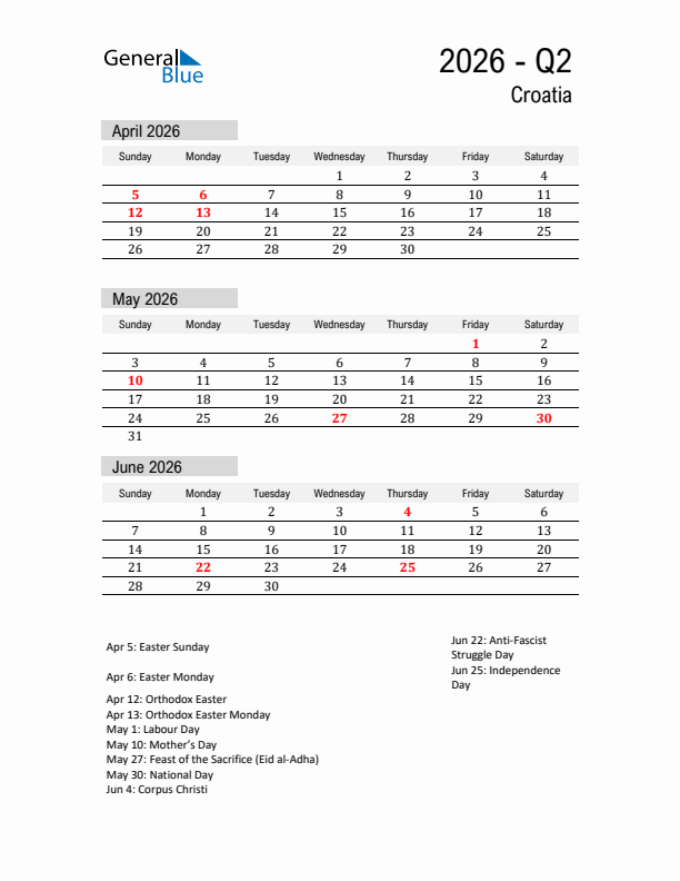 Croatia Quarter 2 2026 Calendar with Holidays