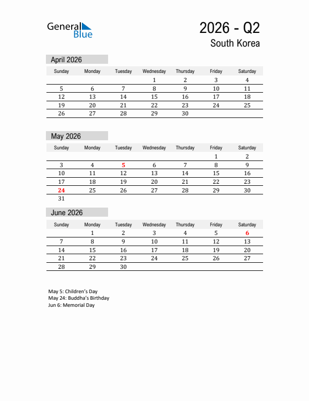 South Korea Quarter 2 2026 Calendar with Holidays