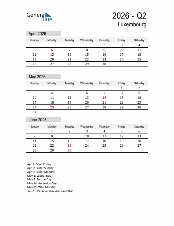 Luxembourg Quarter 2 2026 Calendar with Holidays