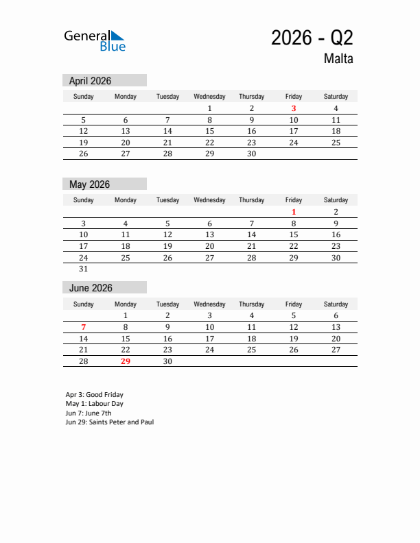 Malta Quarter 2 2026 Calendar with Holidays