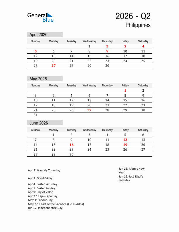 Philippines Quarter 2 2026 Calendar with Holidays