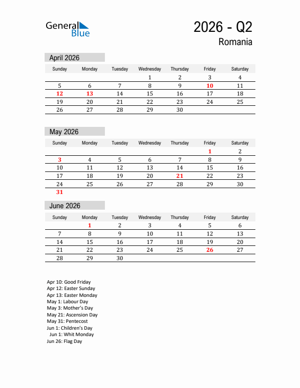 Romania Quarter 2 2026 Calendar with Holidays
