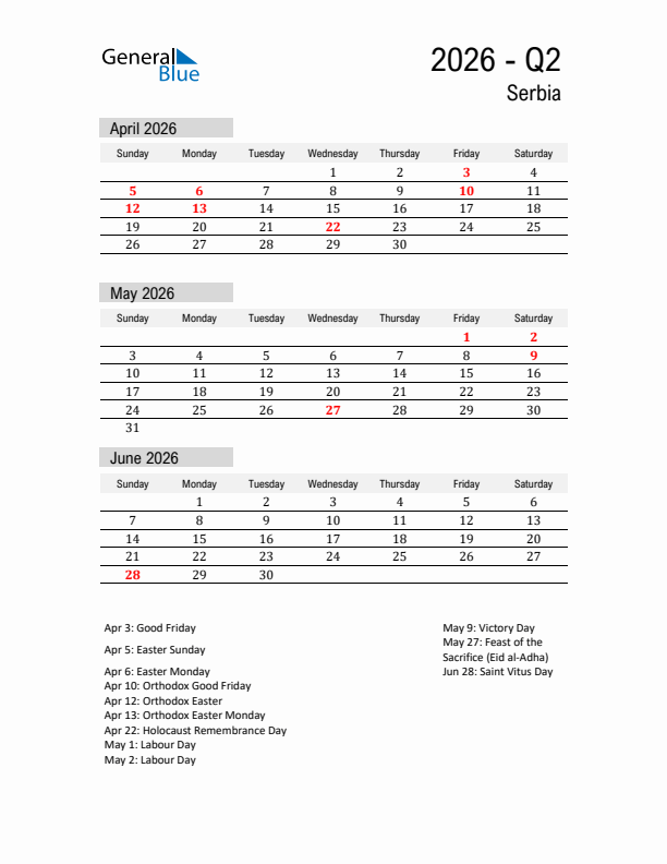 Serbia Quarter 2 2026 Calendar with Holidays