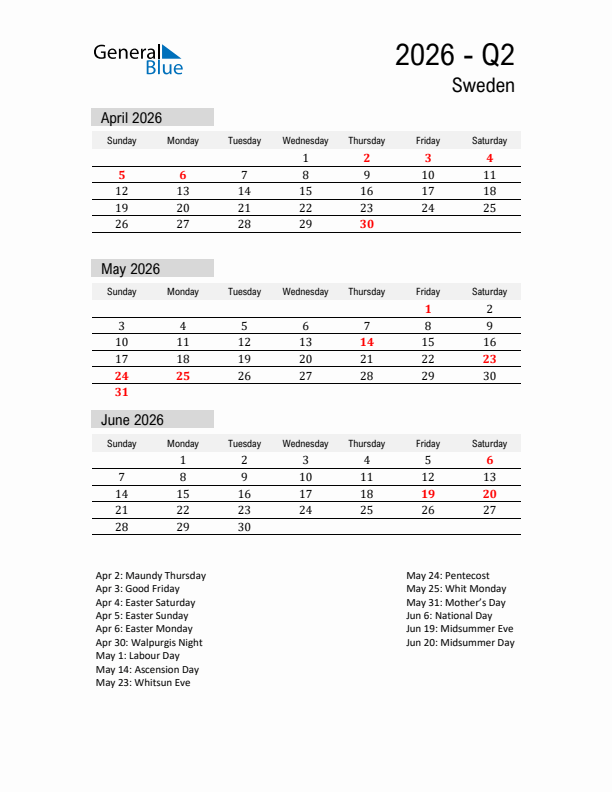 Sweden Quarter 2 2026 Calendar with Holidays