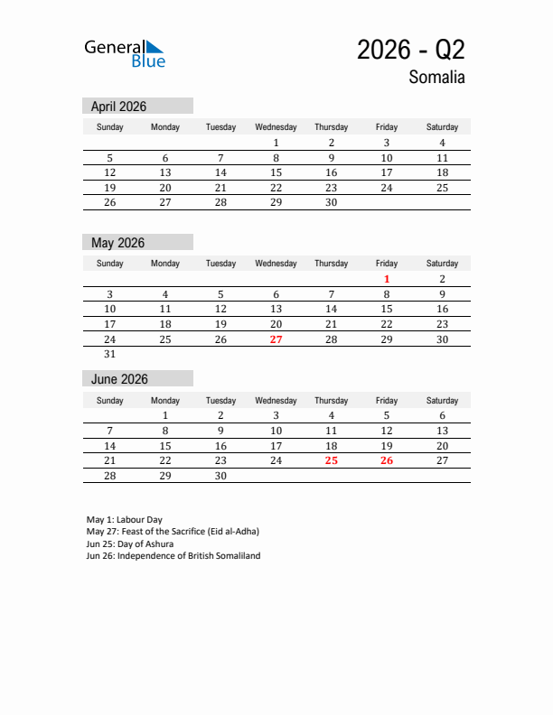 Somalia Quarter 2 2026 Calendar with Holidays