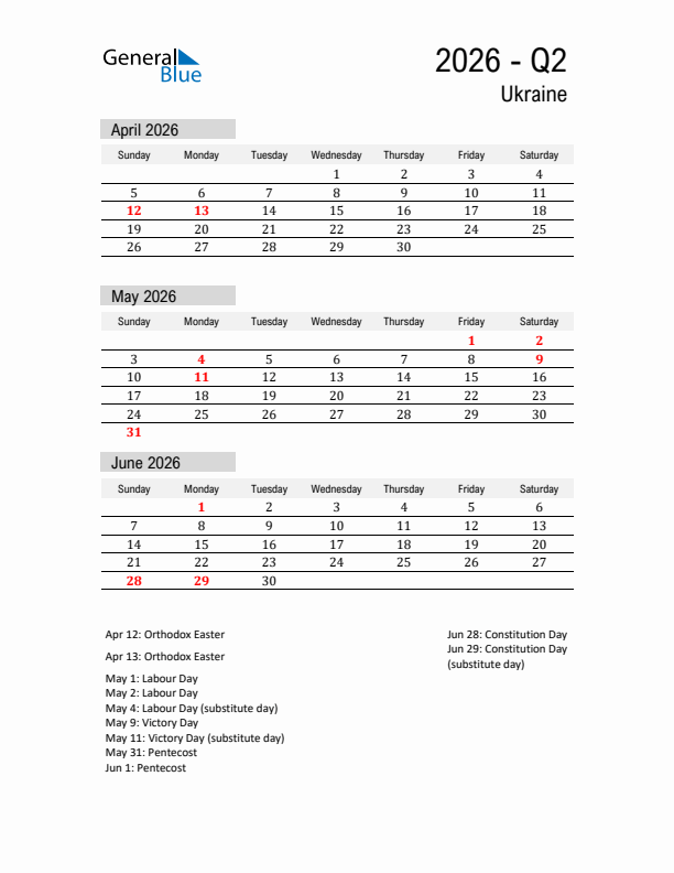 Ukraine Quarter 2 2026 Calendar with Holidays