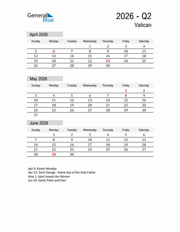 Vatican Quarter 2 2026 Calendar with Holidays