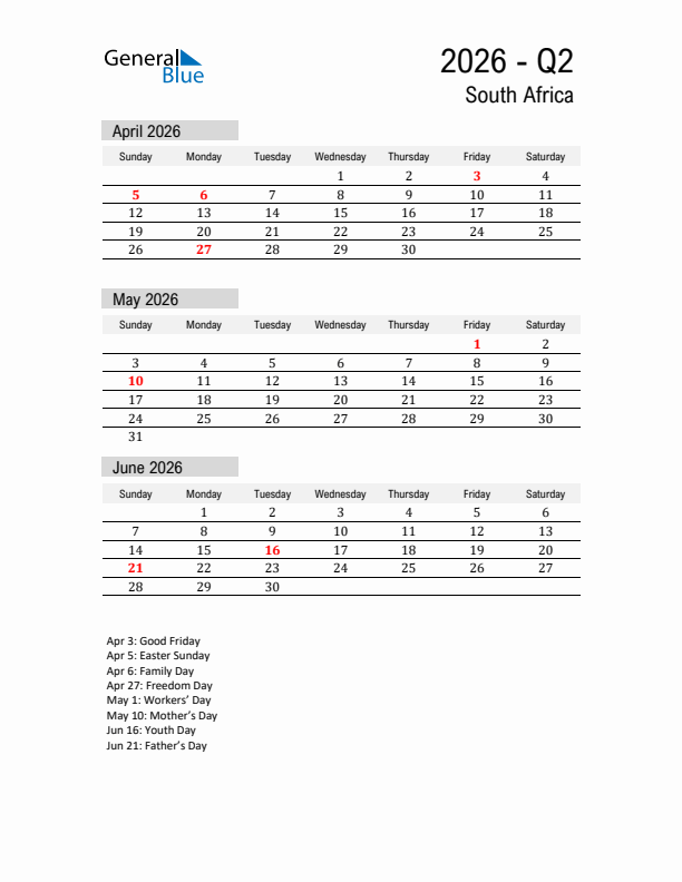 South Africa Quarter 2 2026 Calendar with Holidays