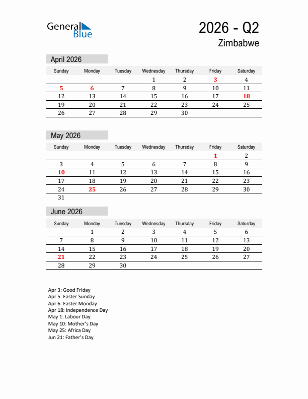 Zimbabwe Quarter 2 2026 Calendar with Holidays