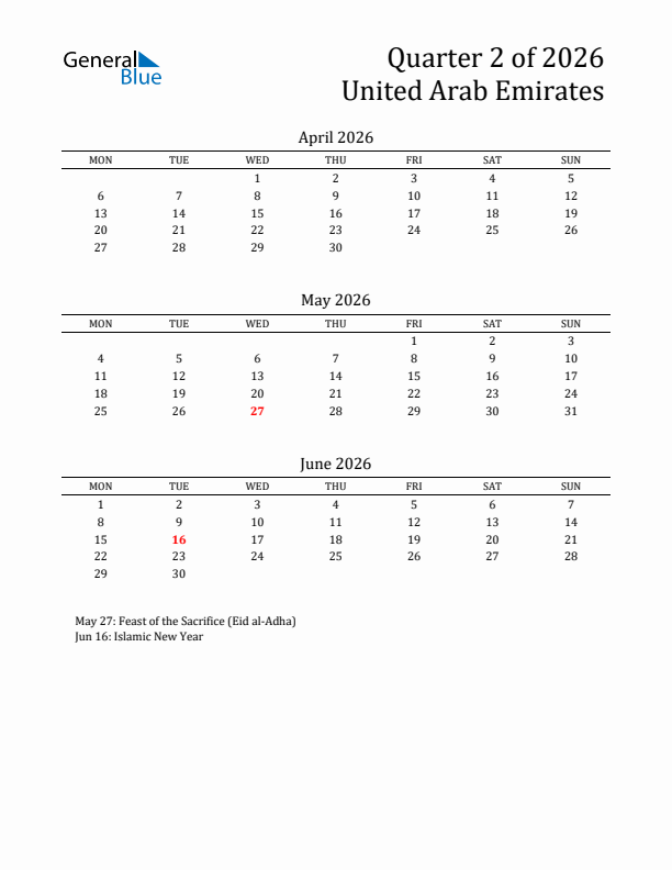 Quarter 2 2026 United Arab Emirates Quarterly Calendar