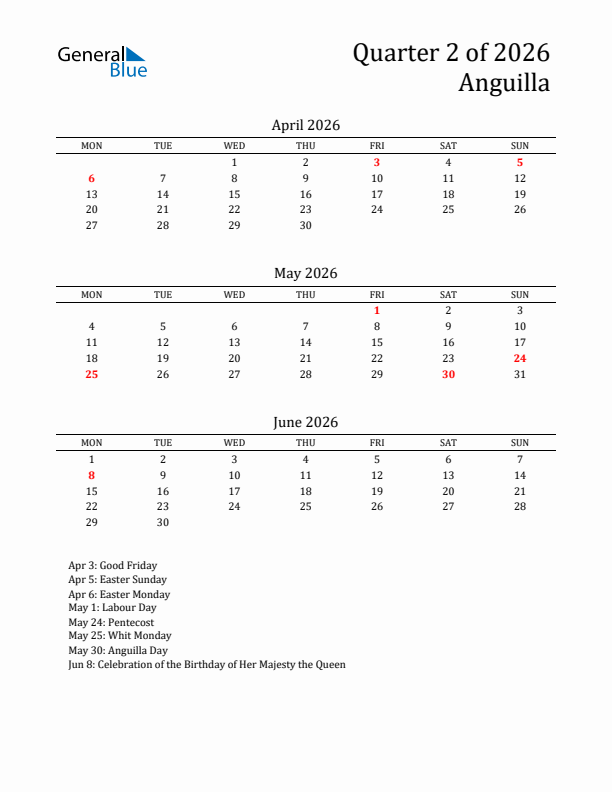 Quarter 2 2026 Anguilla Quarterly Calendar