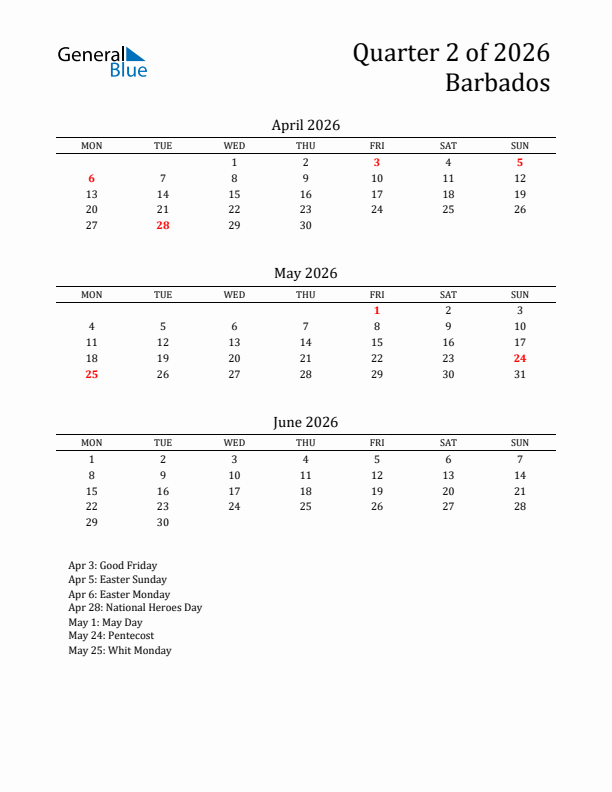 Quarter 2 2026 Barbados Quarterly Calendar