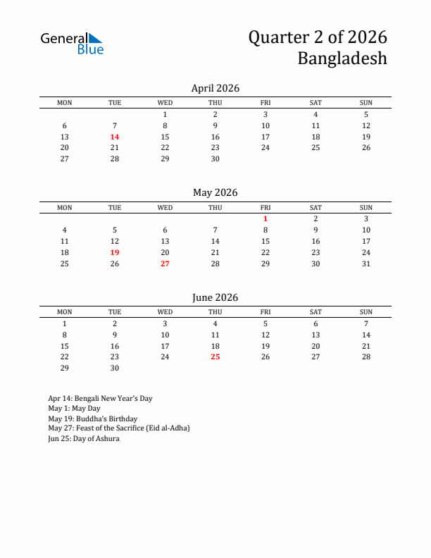 Quarter 2 2026 Bangladesh Quarterly Calendar