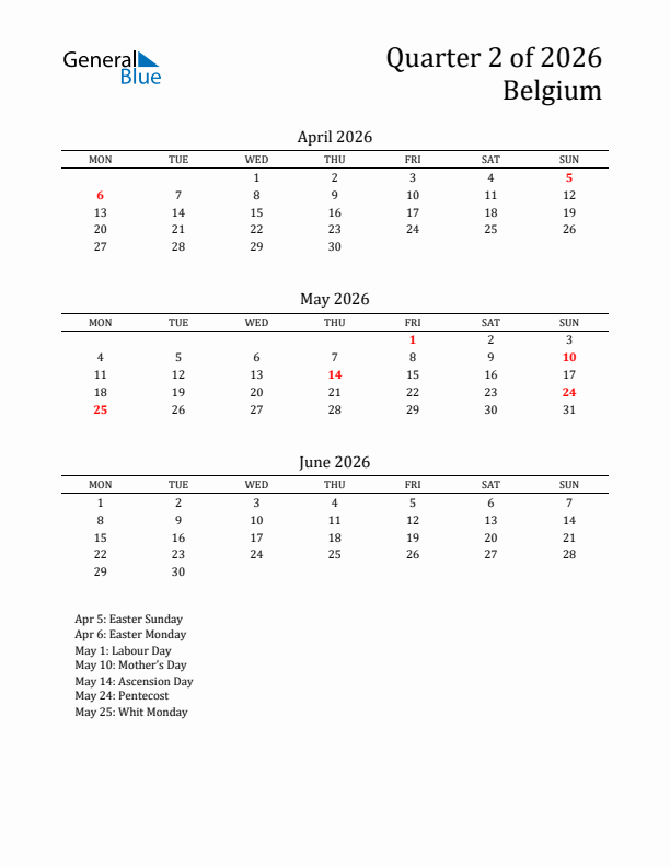 Quarter 2 2026 Belgium Quarterly Calendar