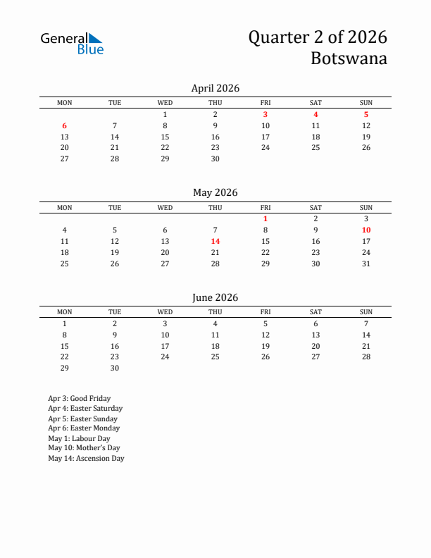 Quarter 2 2026 Botswana Quarterly Calendar