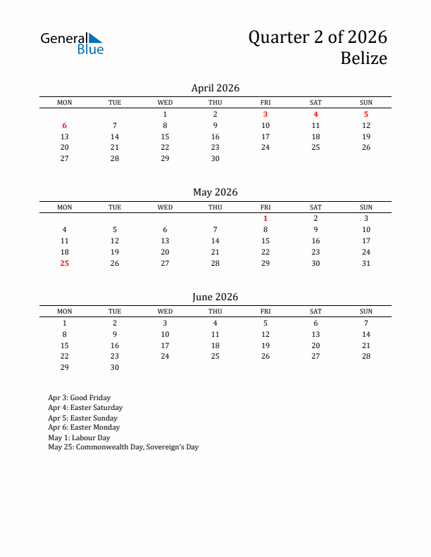 Quarter 2 2026 Belize Quarterly Calendar