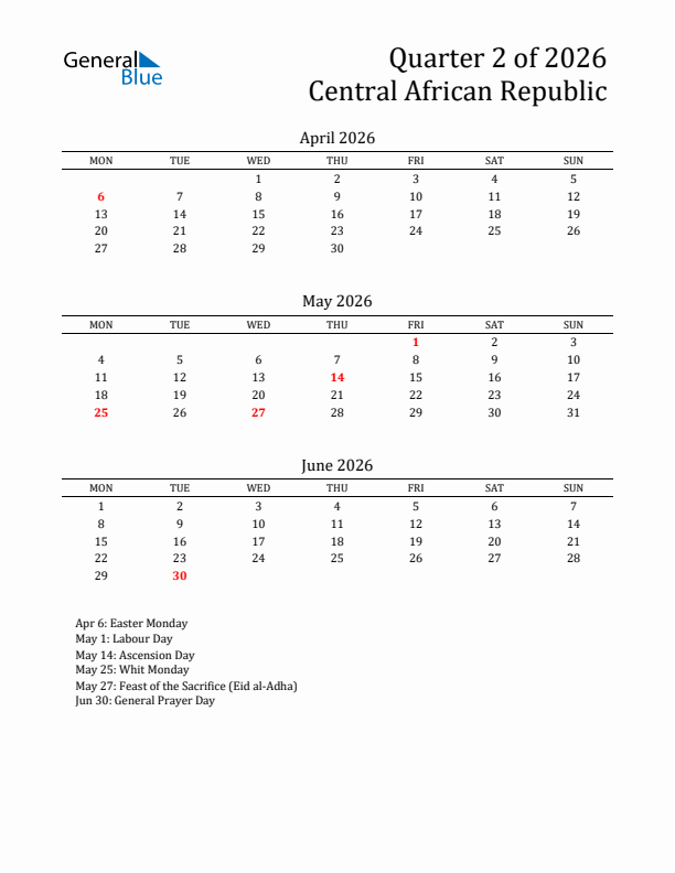 Quarter 2 2026 Central African Republic Quarterly Calendar