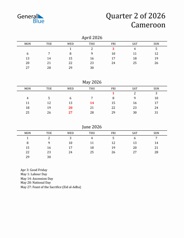 Quarter 2 2026 Cameroon Quarterly Calendar