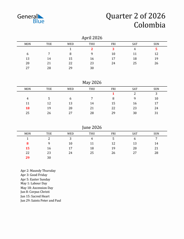 Quarter 2 2026 Colombia Quarterly Calendar