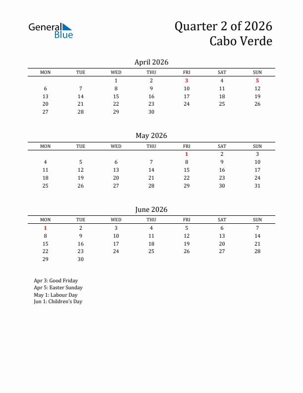 Quarter 2 2026 Cabo Verde Quarterly Calendar